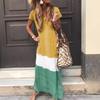 Women's Summer Long Dress Patchwork V-Neck Loose Maxi Dress Casual Short Sleeve Beach Vacation Sundress