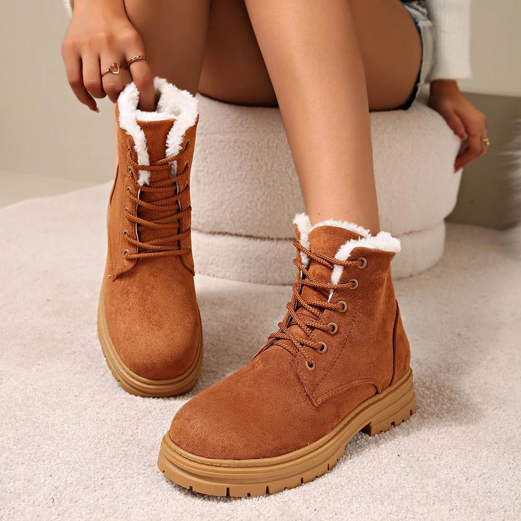 Fashion Women's Thicken Warm Long Plush Ankle Boots Winter 2024 Lace Up Square Heels Snow Boots Women Platform Motorcycle Botas Shoes 42