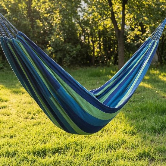 Outdoor Striped Hammock with Rope Bag, Portable Canvas Single Person Hammock, Tree Hanging Hammock for Camping Garden Patio Backyard Porch