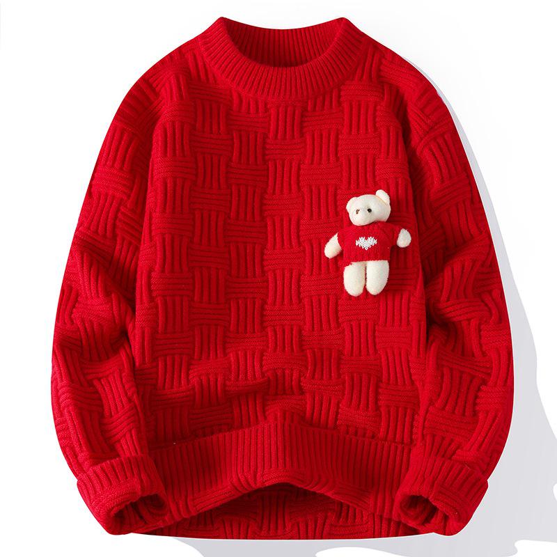 "2024 Men's Red Zodiac Bear Sweater: Autumn/Winter Round Neck with Coarse Twists"