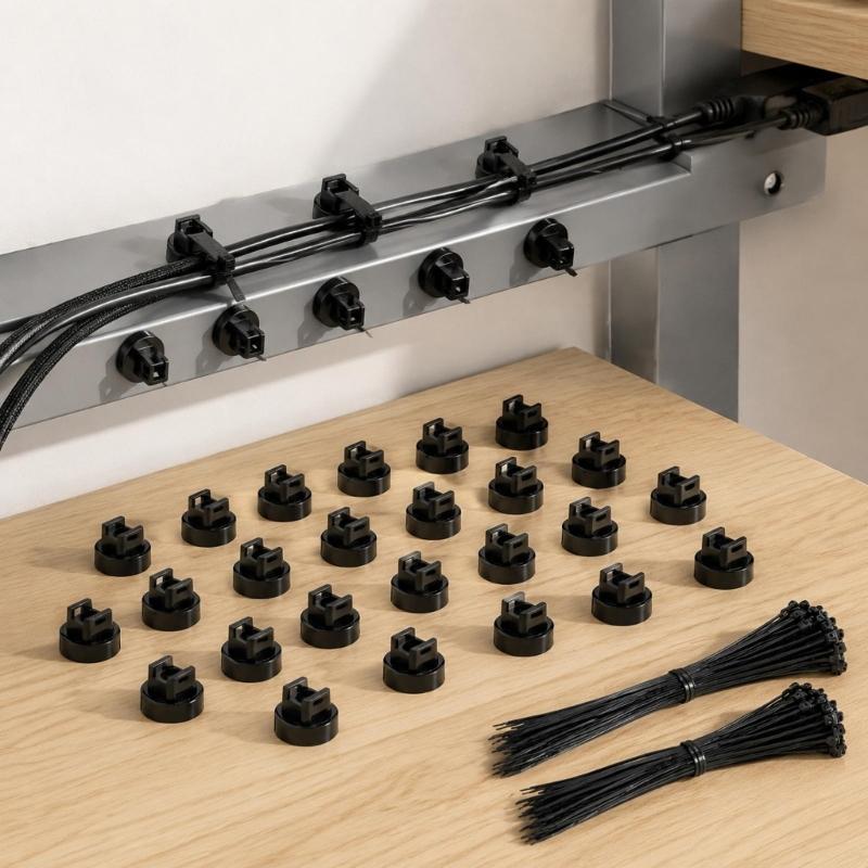 Repositionable Magnetic Cable Bases, 28 Mounts for Organizing Bundled Cords with Standard Fastening Straps on Compatible Metal Equipment