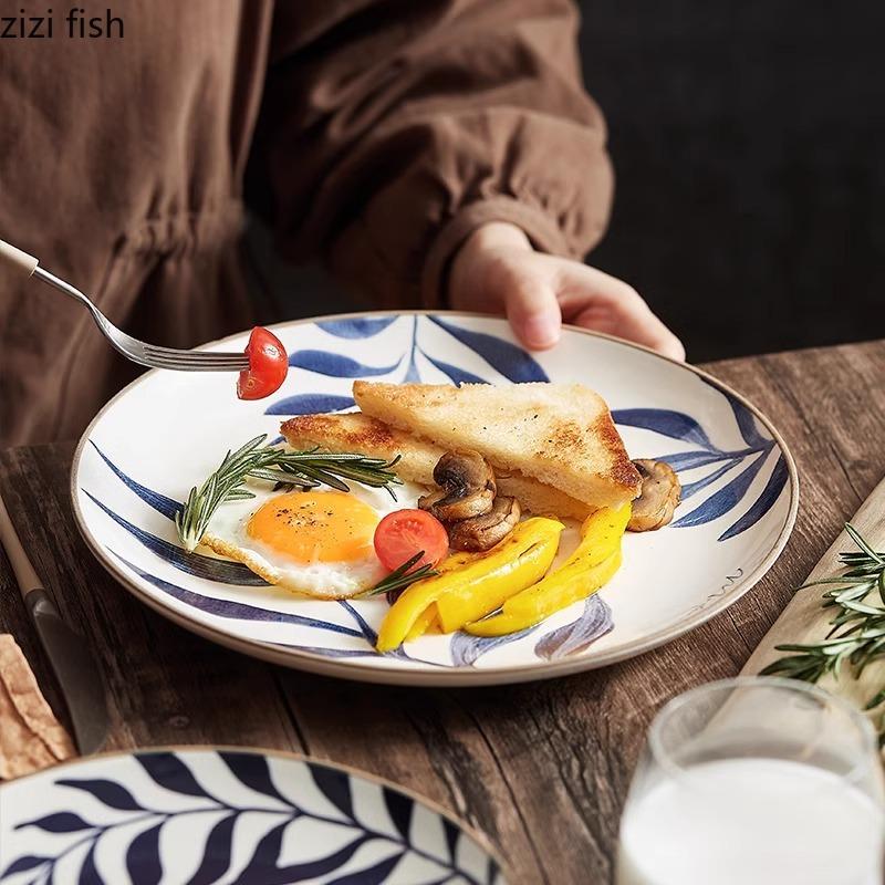 Blue Leaf Ceramic Shallow Plate Creative Steak Plate Dessert Plate Salad Plates Sushi Snack Plates Hotel Featured Tableware