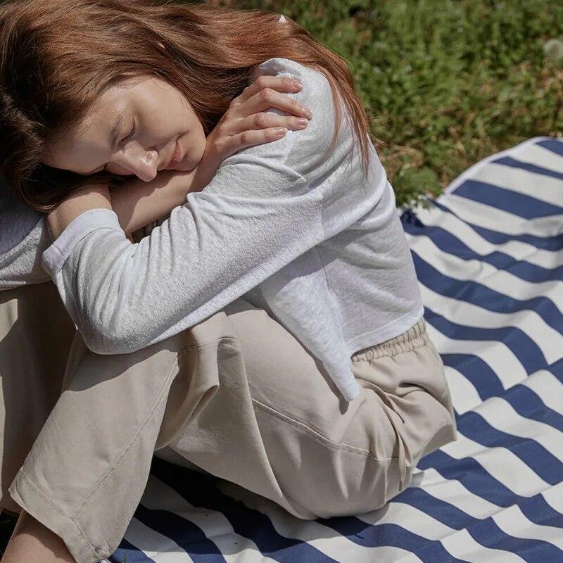 Johnature Spring Summer Long Sleeve T-Shirt Women Slouchy Cropped Underneath Simple Crewneck Thin Casual Tops