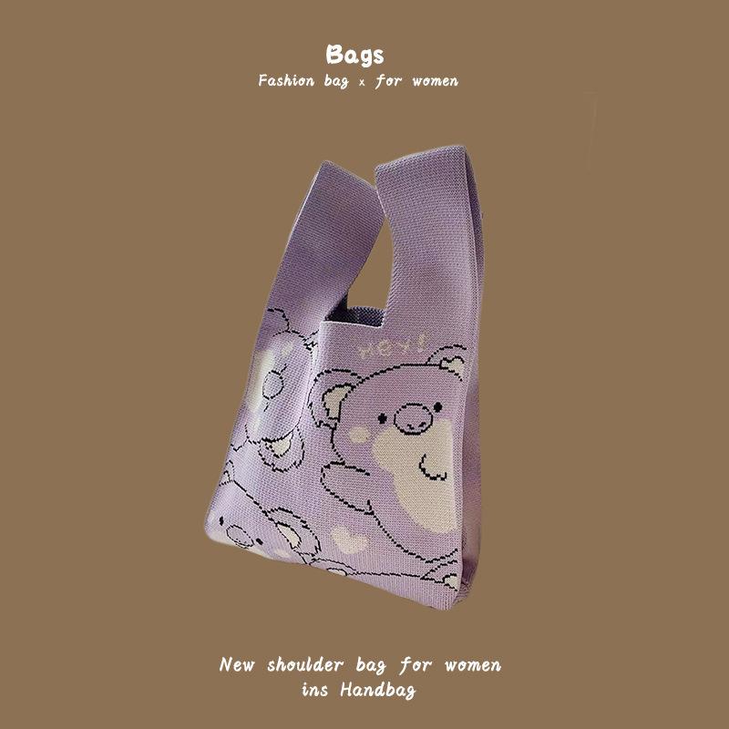 Ins Trendy Handbag Women'S Knitted Wool Bucket Bag Hand Carry Casual Tote Bag Box Lunch Bag