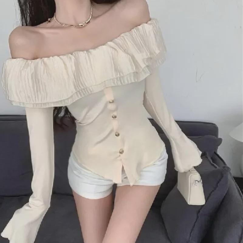Høst 2024 Fransk Off-Shoulder Rynket Slim Topp for Kvinner