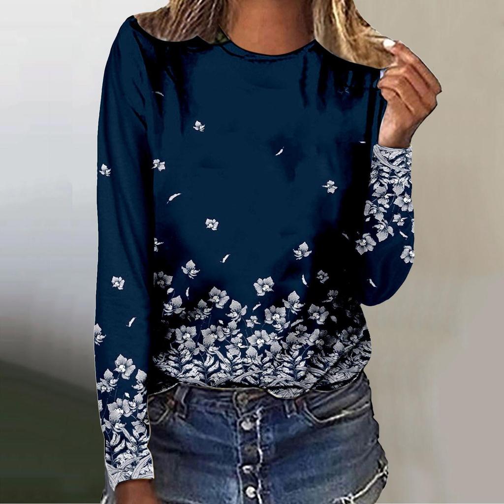 Spring and Autumn Round Neck 3D Flower Pattern Printed Top Fashionable Casual Long Sleeved Women's T-shirts