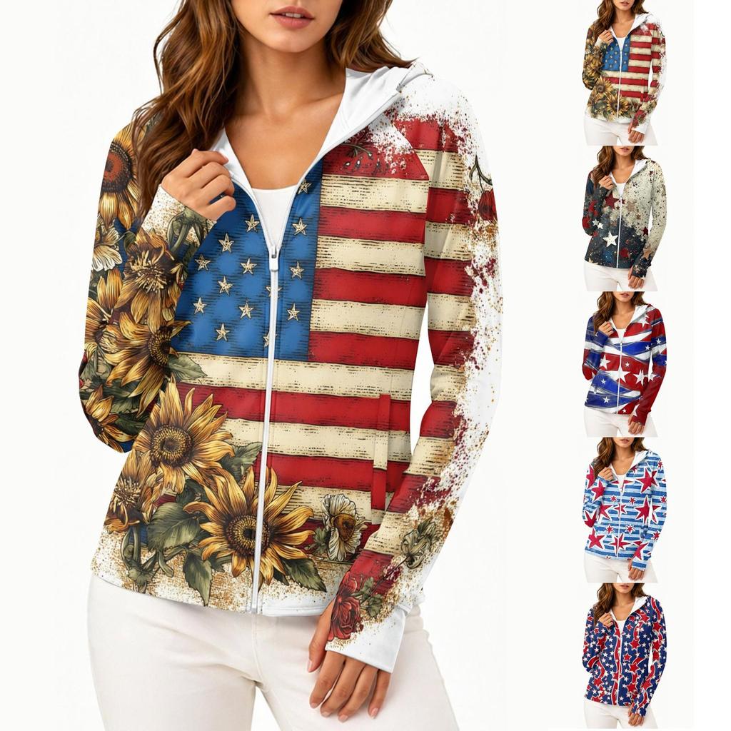 Women's Lightweight Long Sleeve Zip Up Hoodie with Pockets and Printed Design Sun Protection Jacket for Outdoor Activities
