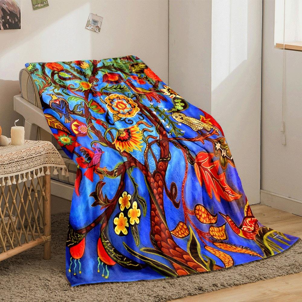 Whimsical Tree with Colorful Birds, Flowers, and Various Ornate Leaves. for All Seasons Blanket Lunch Break Throw Gift