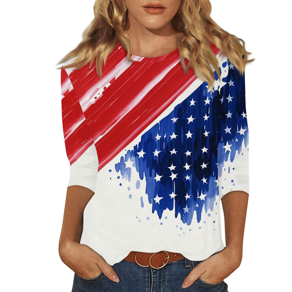 Women's Fashion Casual Round Neck Printed 3/4 T-shirt Top