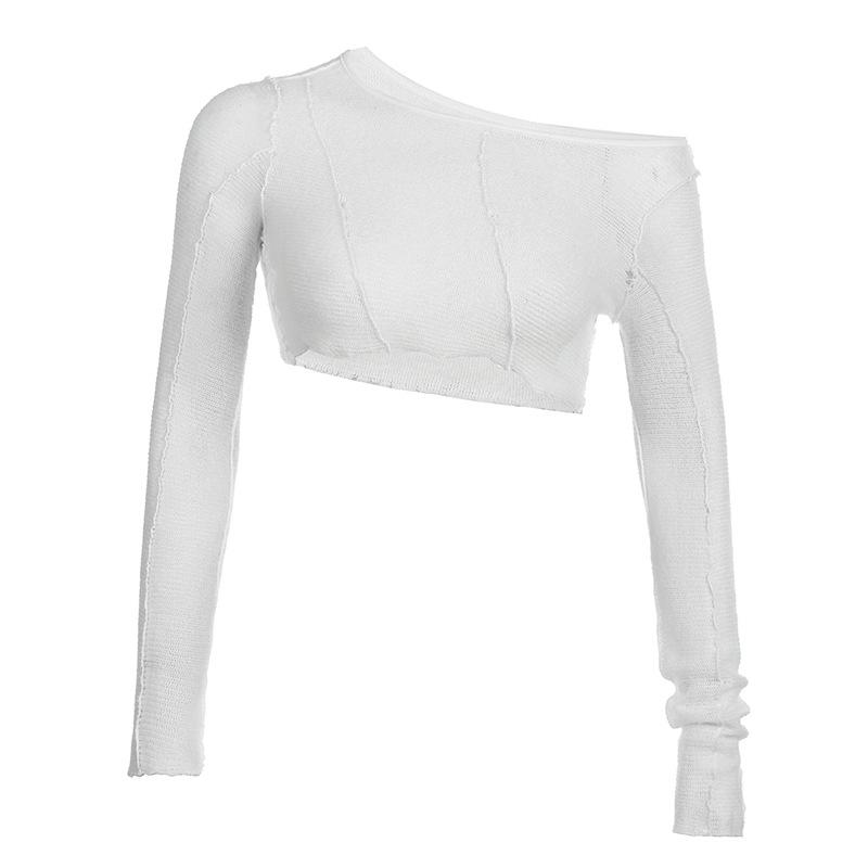 

WTEMPO Бренд Pure Desire Style Perspective Mesh Oblique Neck Long Sleeve Женская футболка Сексуальная короткая свободная тонкая блузка сращивание пуловер Топы L белый