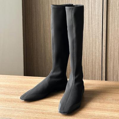 Bottes minimalistes style rangée polyvalentes bottes montantes élastiques bottes chaussettes pour femmes bout carré fond plat mais bottes longues au genou