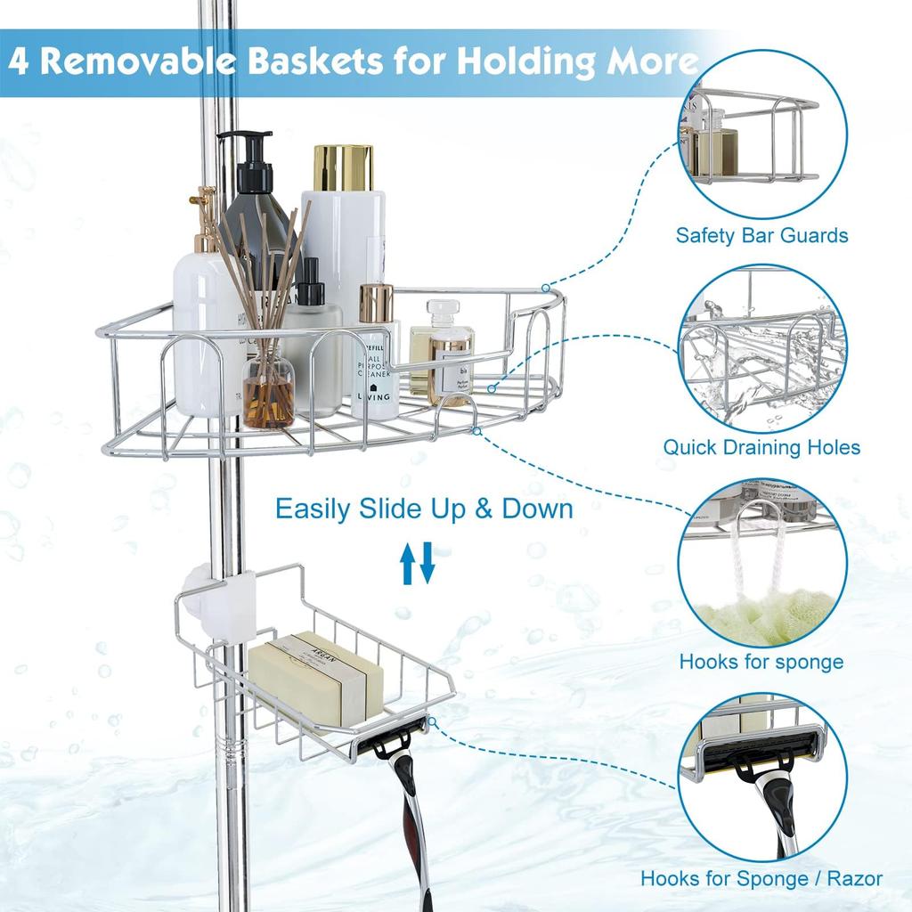 Bathroom cm Bathroom Stand with Rod to Hold Locker with 4 Adjustable Rack,97.5-312.5 Shampoo,Bathtub Baskets,Silver