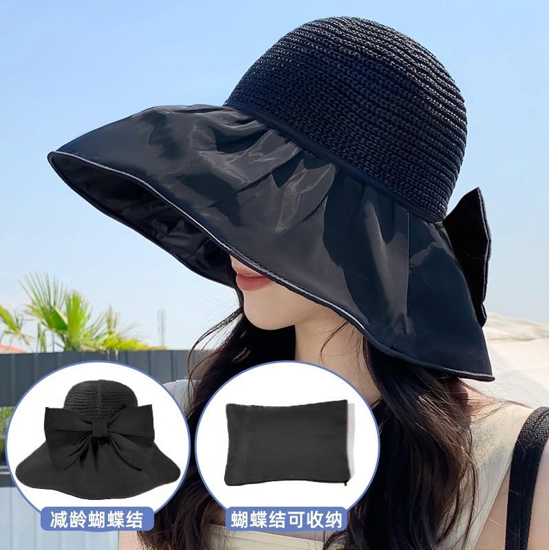 Hat women's summer sunshade sunscreen UV protection bow bucket hat face cover vinyl sun hat can be stored