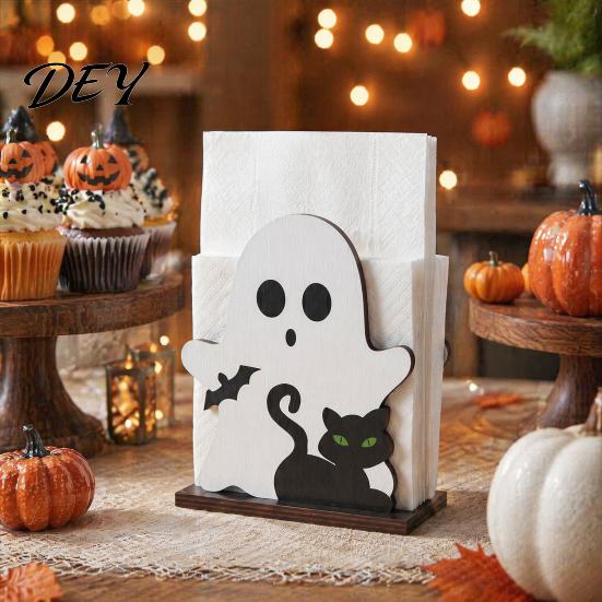 Decorative Napkin Dispenser Halloween Ghost Wooden Holder, Cute Paper Towel Holder Stand, Freestanding Tissue Organizer for Home Kitchen Restaurant
