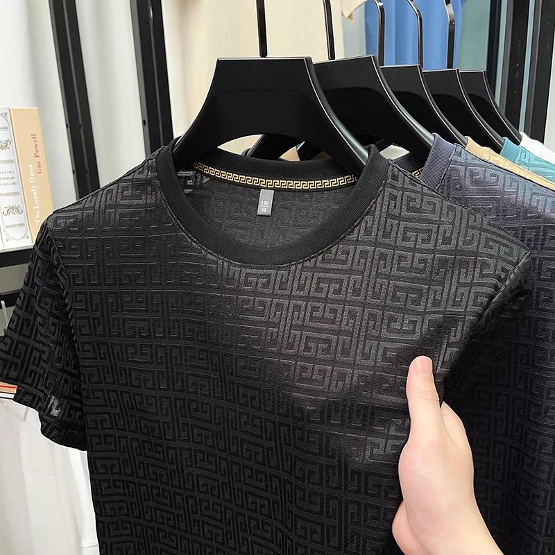 Letní pánské žakárové tričko s krátkým rukávem a kulatým výstřihem z ledového hedvábí, ležérní a pohodlné, univerzální top pro všechna roční období