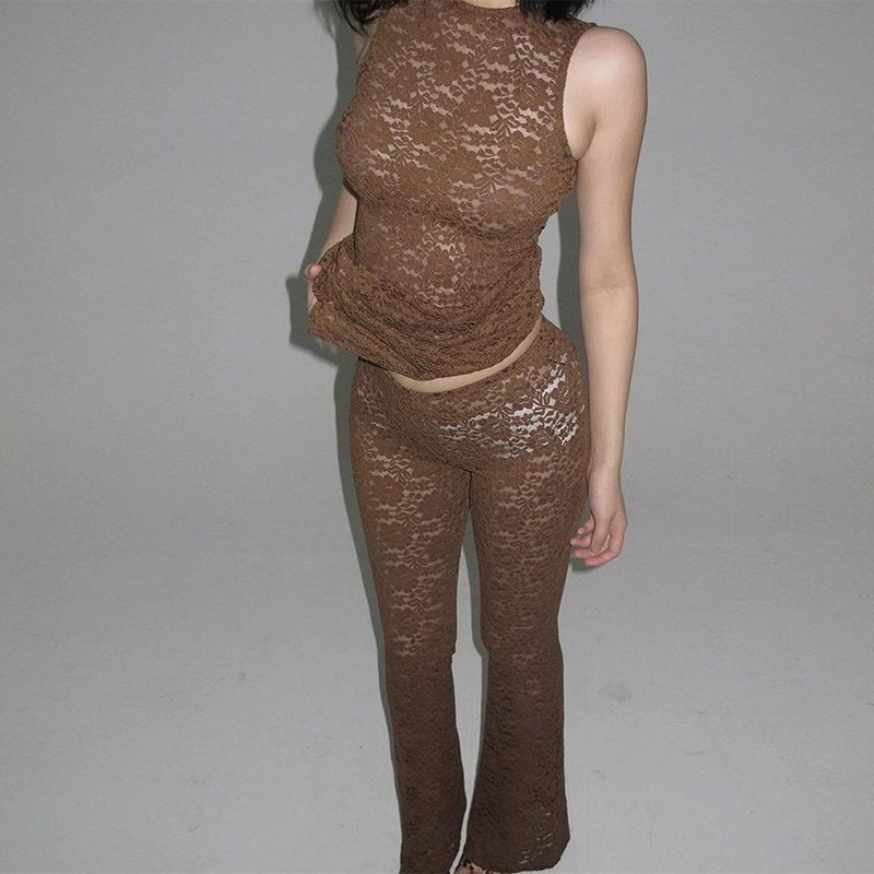 

Elegant Sexy Lace Micro Transparent Pure Desire round-Neck Long Hip-Wrapped Sleeveless High-Waisted Boot-Cut Pants Slim Fit Two-piece Set Fashion Brown S