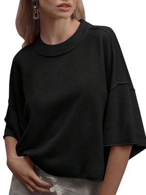 Women's Oversized Cropped Knit Sweater Short Sleeve Crew Neck Lightweight Summer Top