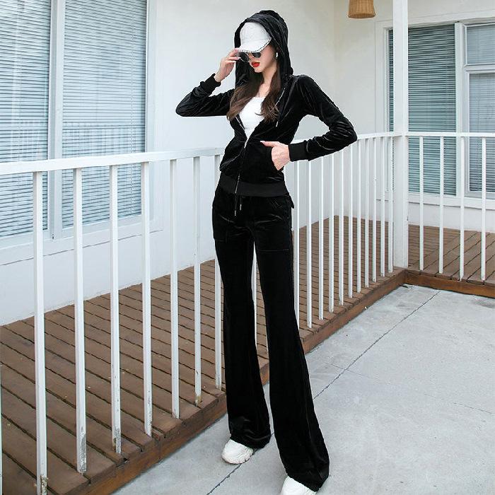 Women's Gold Velvet Tracksuit, 2025 Spring/Autumn Trendy Fashion Casual Hoodie Two-Piece Set
