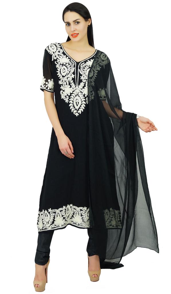 Atasi Womens Straight Black With Dupatta Readymade Salwaar Kameez Suit Set