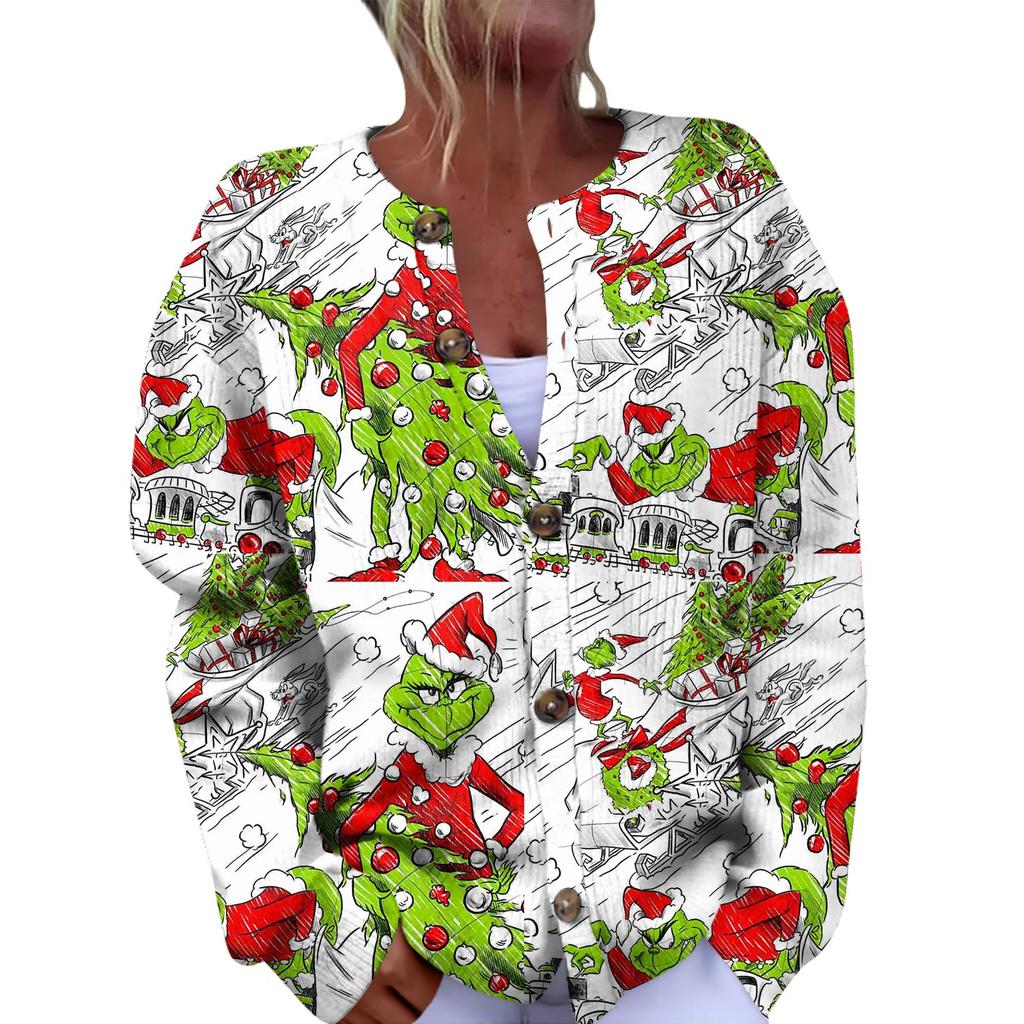 Women's Fashion Christmas Printed Long Sleeve Knitted Cardigan Button Down Jacket