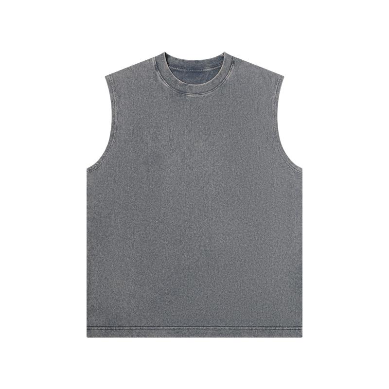 

230г Чистый хлопок Потертый Ретро Без рукавов Мужская хип-хоп майка M (50-60 kg) джинсовый/серый