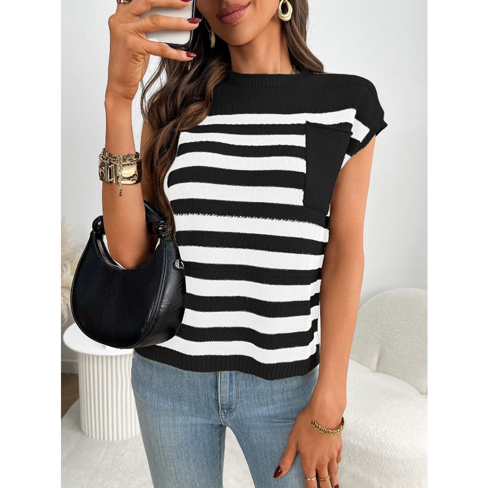 Summer New Women's Round Neck Top Knitted Casual Striped Sweater