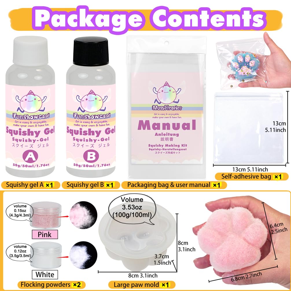 FUNSHOWCASE Kit squishy handmade Set squishy din rășină cu mucegai pentru labe și pudră de flocat DIY pentru ameliorarea stresului jucărie pufoasă pentru stoarcere moale pentru copii