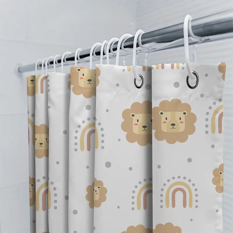 Rainbow Lion Cartoon Print Shower Curtain White Fabric Cute Animal Bathroom Decor
