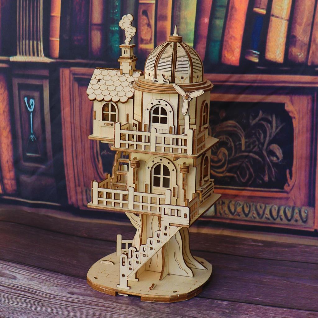 3D wooden puzzle model of treehouse, wooden forest cottage villa, multi story dome building assembly model, handmade DIY creativ
