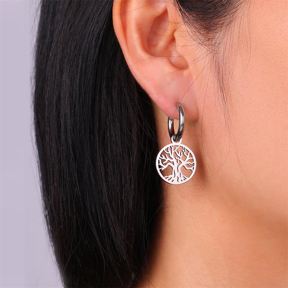 Vintage Life of Tree Pendants Hoop Earrings For Women Female Stainless Steel Earrings Trend Golden Charm Jewelry Pendientes