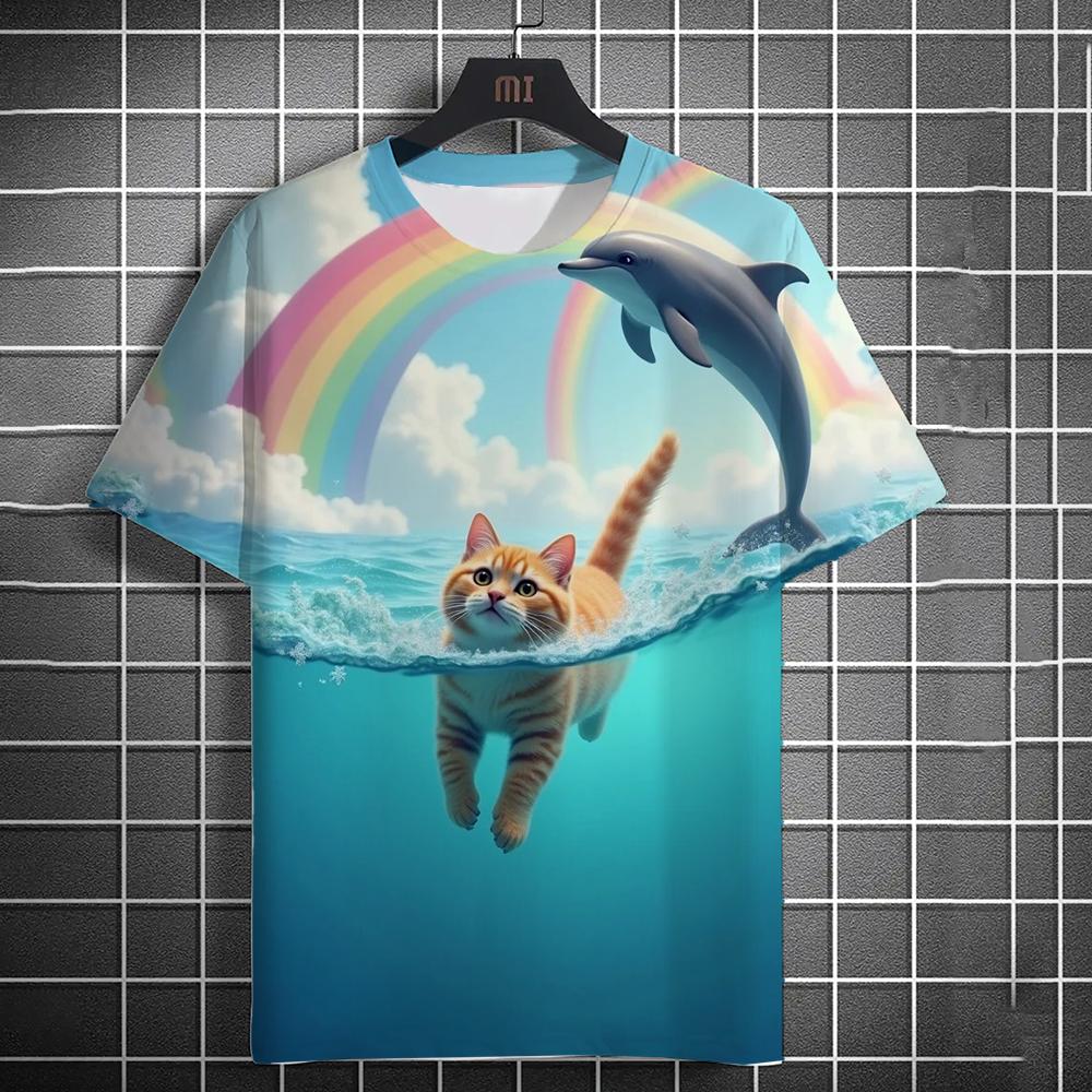 Camiseta Masculina Estampada 3D Praia Gato Pescando Camiseta de Manga Curta Estampada Diária Casual Gola Redonda Poliéster
