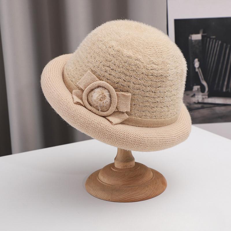 

New Autumn and Winter Style for Women Knitted Versatile Warm Korean Style Thickened Fashionable Wool Pot Hat Grandma Old Man Bow average size