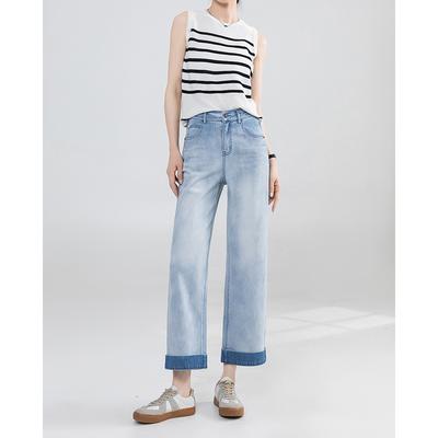 Cold Gray Nine-point Wide-leg Jeans for Women In Summer New Loose Slim Pants Small Straight Pants