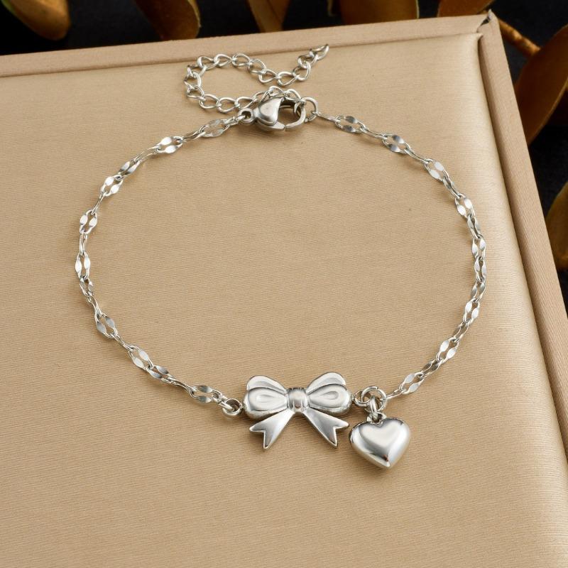 Gold Bow and Heart Charm Link Bracelet for Women