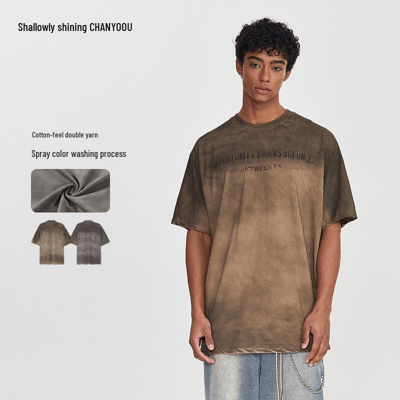

Shallow Yao Men s Retro Distressed Tie-Dye Short Sleeve T-Shirt - Heavyweight Loose Fit Summer Top S сірий колір