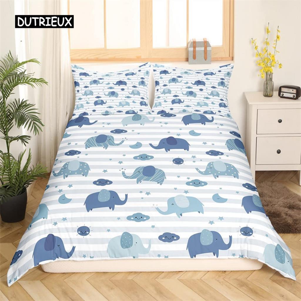Cute Elephant Duvet Cover Set 2/3 Piece Cartoon Animal Bedding Set 3D Floral Comforter Cover Twin Full King For Boys Girls Gift
