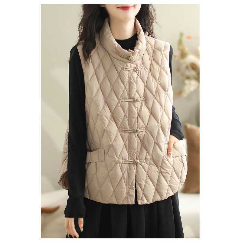 Winter Style Literary Retro Disc Buckle Lightweight Down Cotton Waistcoat Ladies Small Waistcoat Women