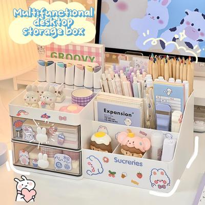 Organizador de caixa de armazenamento de cosméticos de mesa, gaveta, rack de armazenamento de escritório, artigos de papelaria, porta-canetas, coelho, organizador de gaveta, fofo, kawaii