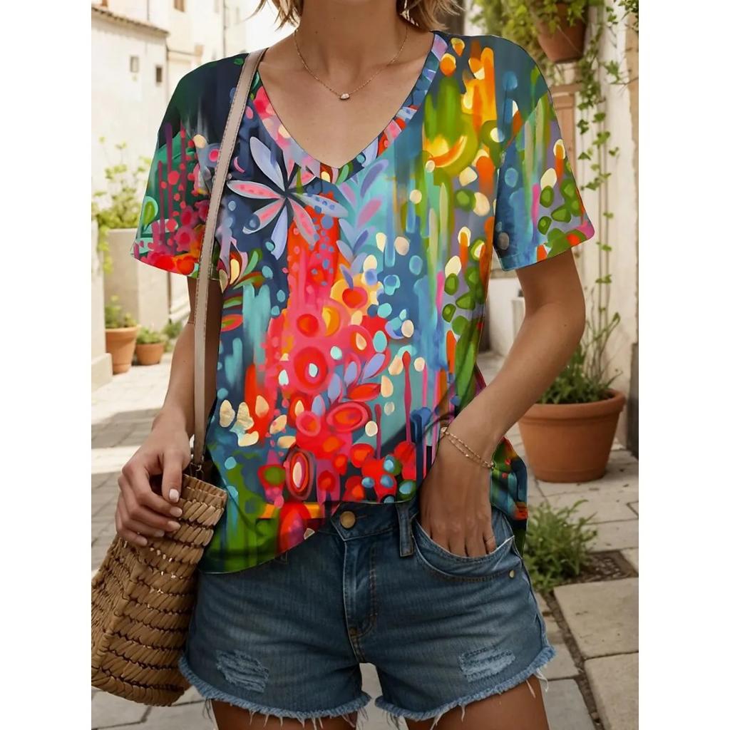 Summer V-neck 3D Printed Colorful Floral Graphics Top Fashionable Casual Short Sleeved Women's T-shirts