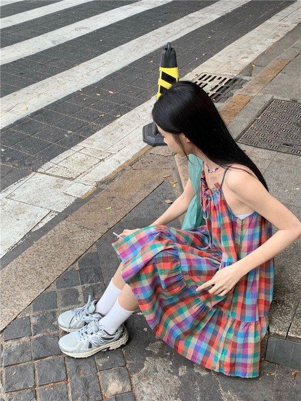 Dopamine wears a plaid suspender dress for women's summer fungus edge splicing A-shaped skirt short skirt