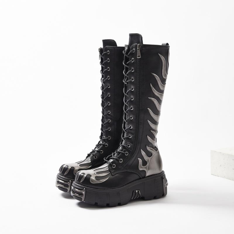 

Модные высокие ботфорты для женщин, новые ботинки-рыцари на шнуровке, увеличивающие высоту голенища, на толстой подошве, в панк-стиле, длинные ботинки в ретро-стиле 36 чёрный