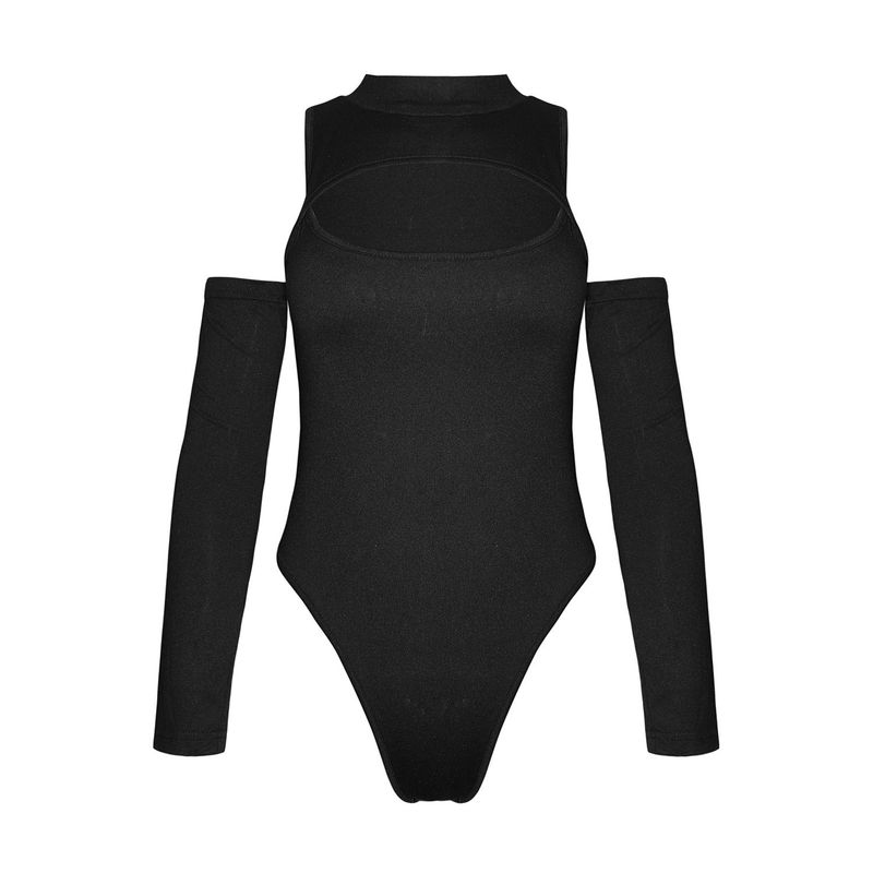 

European and American Cross-Border Tight-Fitting Sexy Bust-Exposing Base Shirt with Irregular Cut-Out Long Sleeves and Slim Fit Off-Shoulder Bodysuit 9909-Black XS