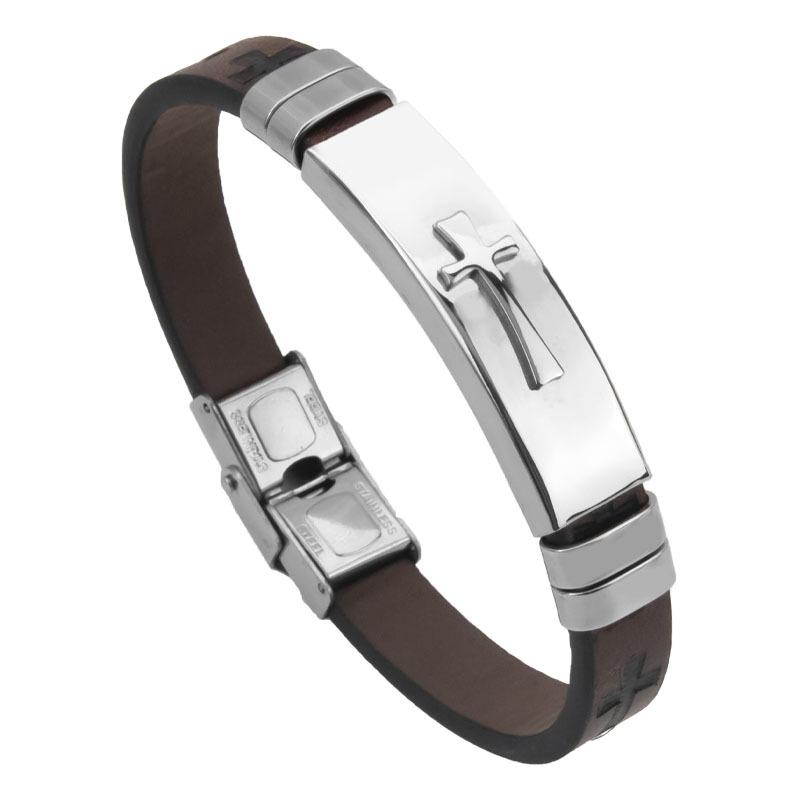 Trendy Men's Stainless Steel Cross Bracelet with Vintage Leather