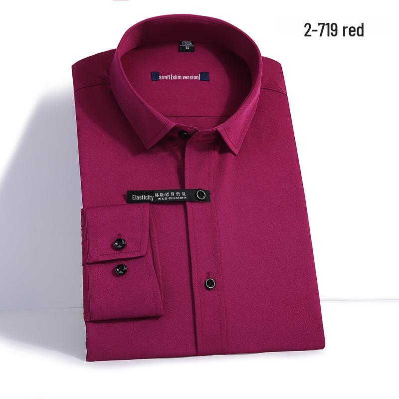 Men's Slim Fit Long-Sleeve Business Shirt with Pocket - Solid Color for Spring and Autumn