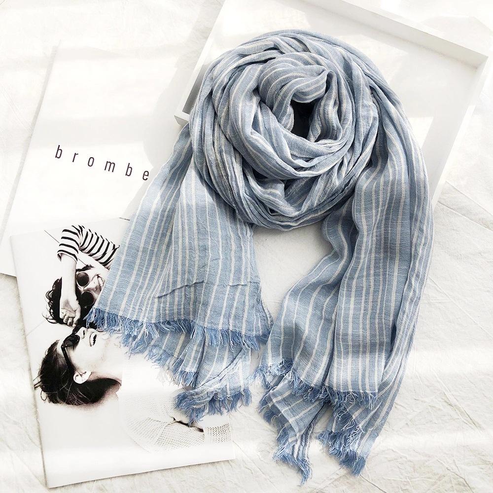Autumn and Winter Striped Cotton and Linen Scarves for Women Classic Cotton and Linen Casual Silk Scarves for Men New Pleated Literary Retro Shawls