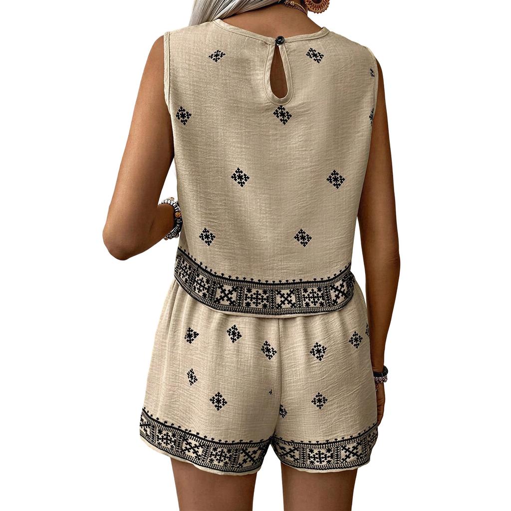 Women's Fashionable Casual Printed Bohemian Beach Vacation High-Waisted Sleeveless Top And Shorts Set