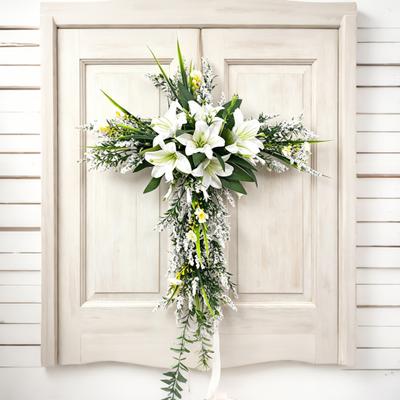 Corona de Lirios Artificiales para Puerta Pared Decoración Colgante Floral Falsa para Hogar Jardín Iglesia Adorno Religioso Rústico para Primavera Pascua Boda