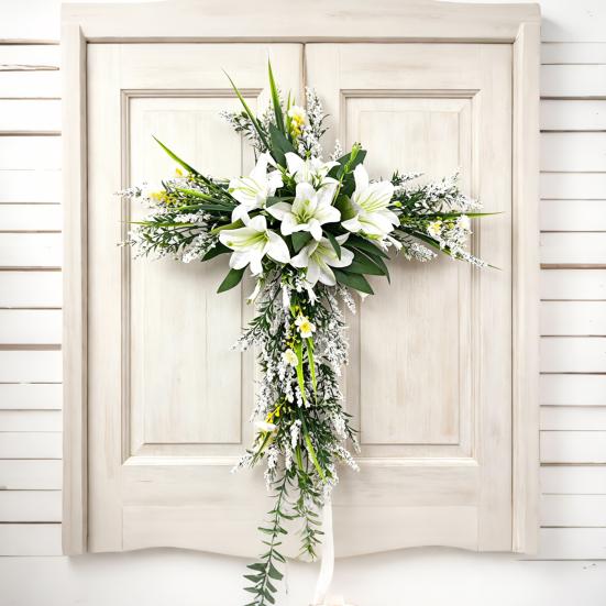 Artificial Lily Wreath for Door Wall Faux Floral Hanging Decor for Home Garden Church Rustic Religious Ornament for Spring Easter Wedding