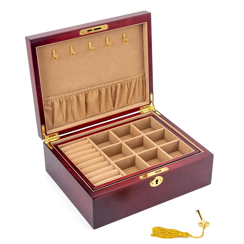Mid-Century Solid Wood Jewelry Box with Lock: Multi-Layer Storage and Velvet Interior