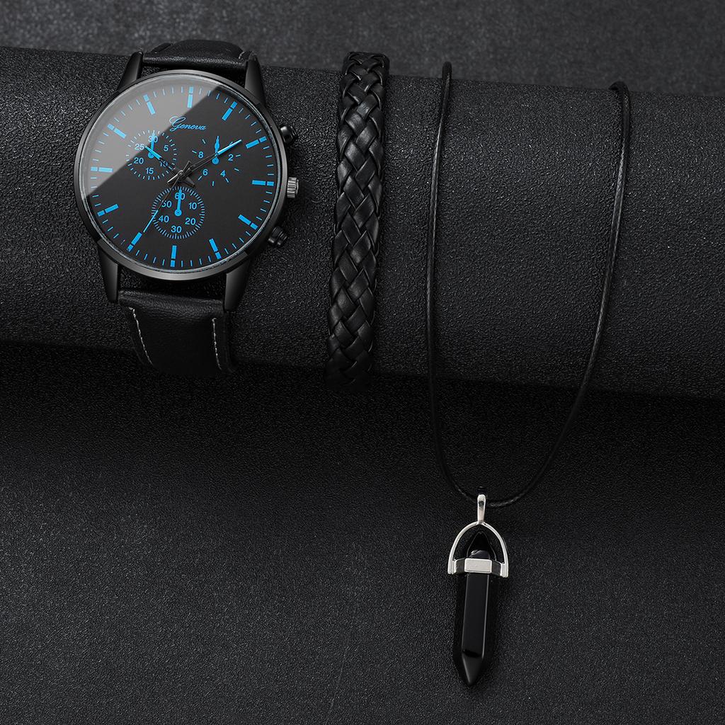3pcs/set Men's Watch Casual Fashion Trendy Scale Dial Simple Classic Quartz Watch+Hand Rope+Necklace (Box Not Included)